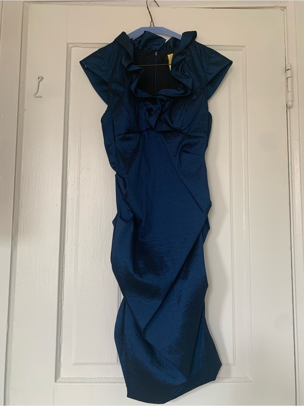 Xscape Navy Ruffle-Detail Ruched Midi Dress